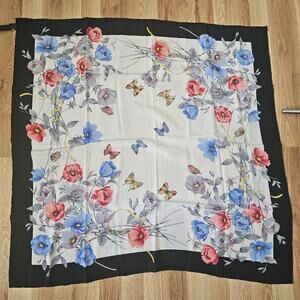 Vintage Floral & Butterfly Scarf – Black Border Garden Print Square Satin Scarf